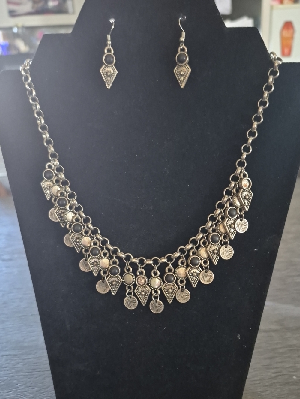 Bohemian Coin Dangle Necklace & Earrings Set - Silver Tone